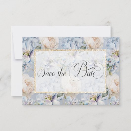 Blaue und weiße Rustikale Blütengoldrahmen Hochzei Save The Date (Vorderseite)