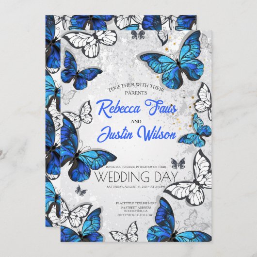 Blaue und weiße Schmetterlinge Morpho Monarch Einladung (Vorne/Hinten)