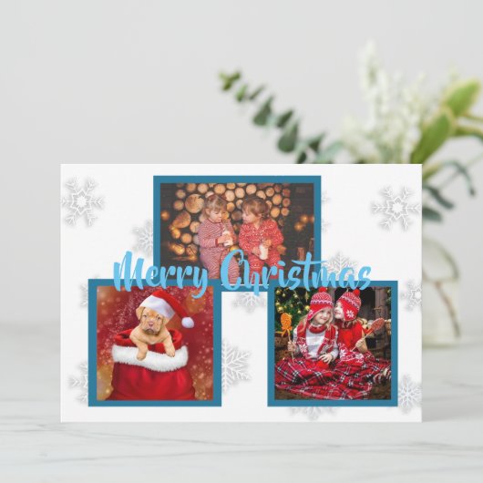 Blaue und weiße Schneeflocken Familienfeste Fotos Einladung (Stehend Vorderseite)
