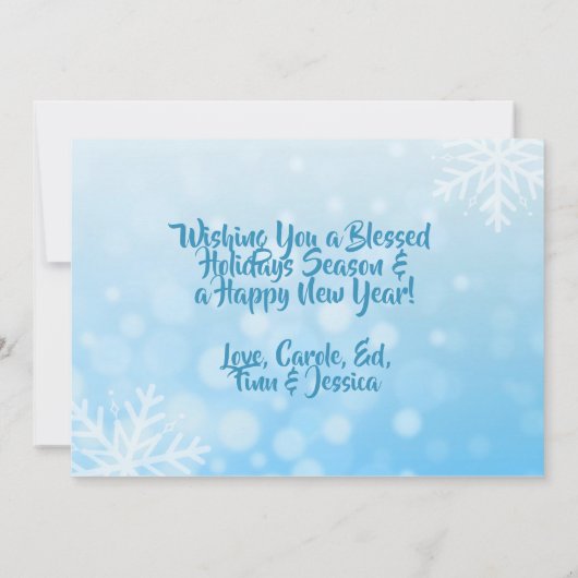 Blaue und weiße Schneeflocken Familienfeste Fotos Einladung (Rückseite)