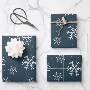 Blaue und weiße Schneeflocken Geschenkpapier Set