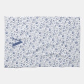 Blaue und weiße Seashell Starfish-Monogramm Geschirrtuch (Horizontal)