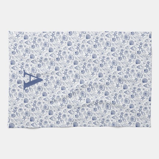 Blaue und weiße Seashell Starfish-Monogramm Geschirrtuch (Horizontal)