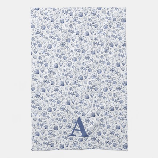 Blaue und weiße Seashell Starfish-Monogramm Geschirrtuch (Vertikal)
