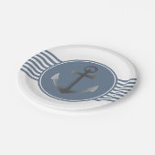 Blaue und weiße Seeanker-Streifen Pappteller (Schrägansicht)