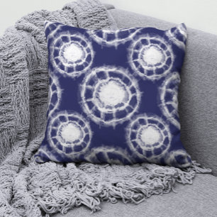 Blaue und weiße Shibori-Kreismuster  Kissen