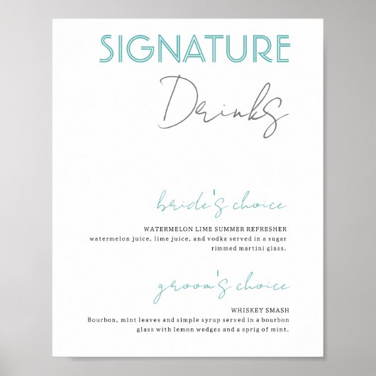 Blaue und weiße Signatur Drinks Hochzeitsposter Ba Poster (Vorne)