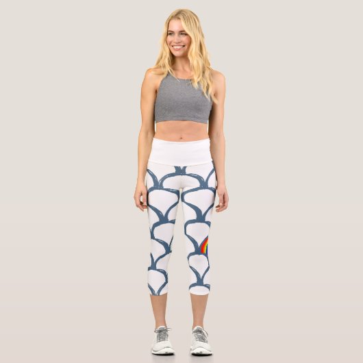 Blaue und weiße Skizze Scallop Muster & Regenbogen Capri Leggings (Vorderseite)