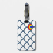 Blaue und weiße Skizze Scallop Muster & Regenbogen Gepäckanhänger (Rückseite vertikal)
