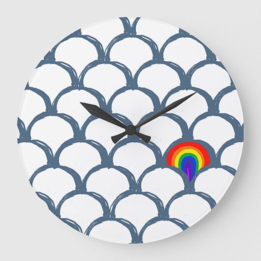 Blaue und weiße Skizze Scallop Muster & Regenbogen Große Wanduhr (Vorderseite)
