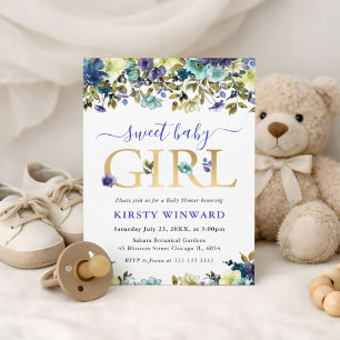 Blaue und Weiße Sommerblumen-Baby-Party Einladung