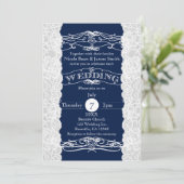 Blaue und weiße Spitzen Elegante Hochzeitsfeiern Einladung (Stehend Vorderseite)