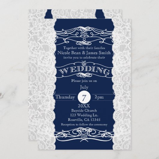 Blaue und weiße Spitzen Elegante Hochzeitsfeiern Einladung (Vorne/Hinten)