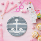 Blaue und weiße Streifen der Nautik-Anker Pappteller (Party)