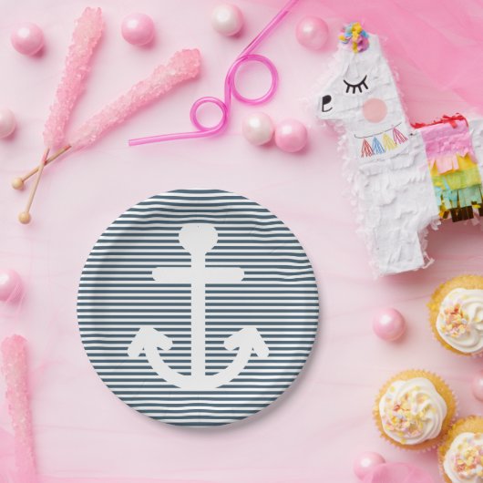 Blaue und weiße Streifen der Nautik-Anker Pappteller (Party)