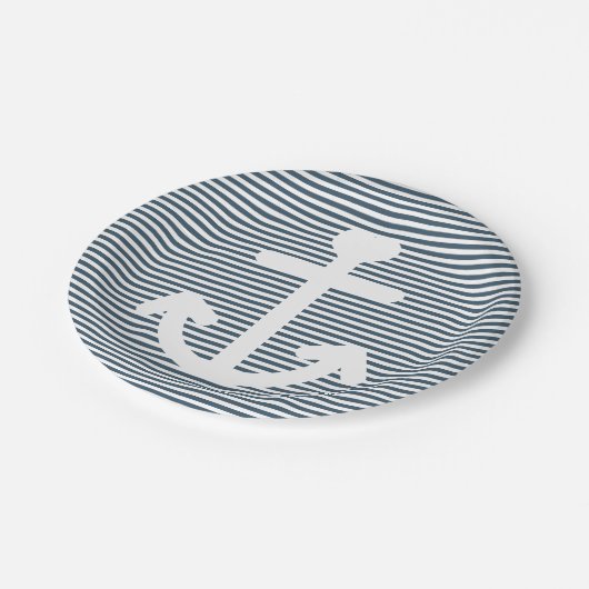 Blaue und weiße Streifen der Nautik-Anker Pappteller (Schrägansicht)