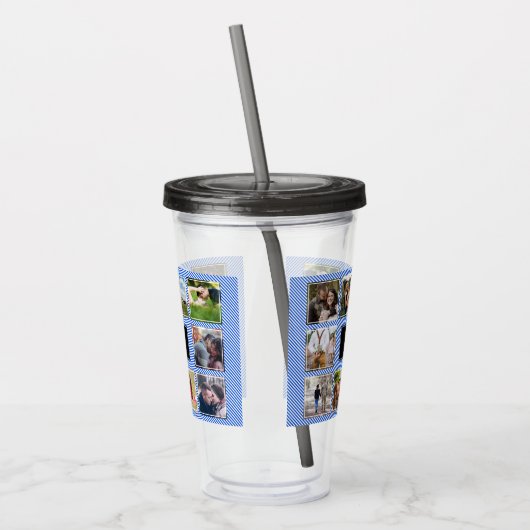 Blaue und weiße Streifen HochzeitsfotoCollage Acryltrinkbecher (Links)