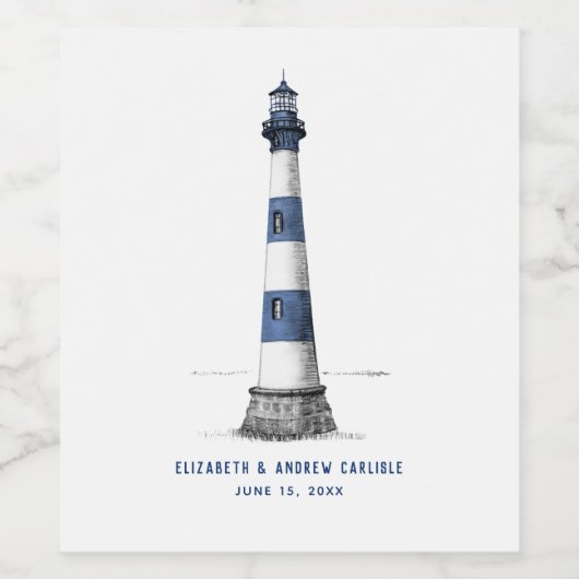 Blaue und weiße Streifen Leuchtturm Hochzeitsweins Weinetikett (Einzelnes Label)