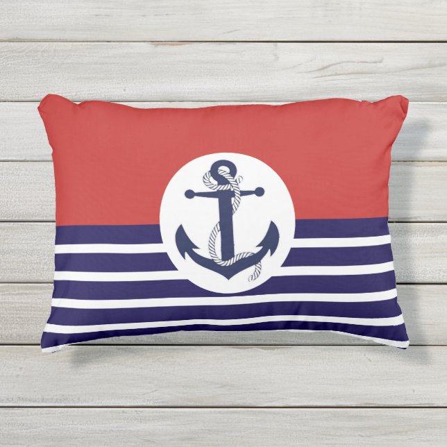 Blaue und weiße Streifen mit Anker Kissen Für Draußen (Vorderseite)