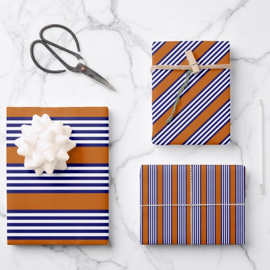 Blaue und weiße Streifen mit verbrannter Orange Geschenkpapier Set (Vorderseite)