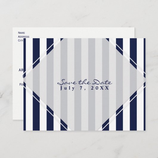 Blaue und weiße Streifen Moderne Eleganz Save the Ankündigungspostkarte (Vorne/Hinten)