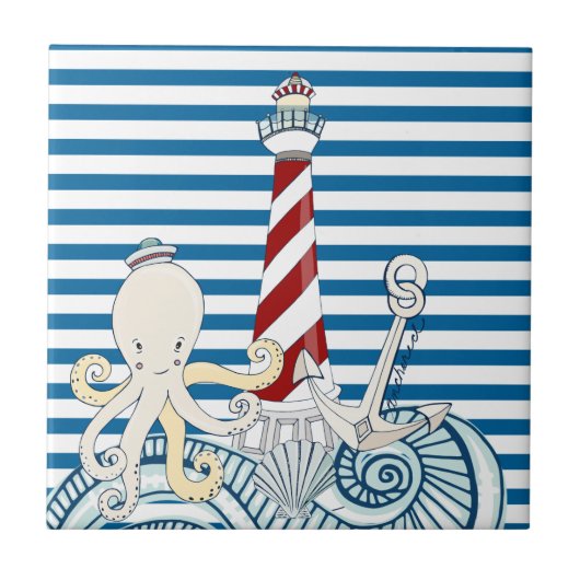 Blaue und weiße Streifen-nautischfliese Fliese (Vorderseite)