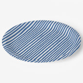 Blaue und weiße Streifen Pappteller (Schrägansicht)