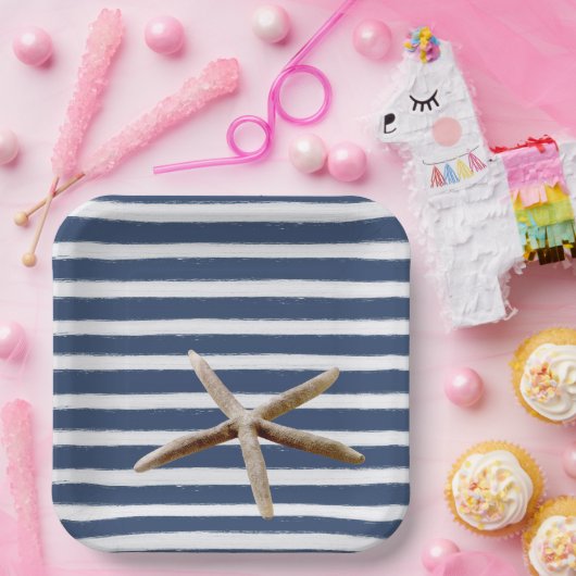 Blaue und weiße Streifen Pappteller (Party)