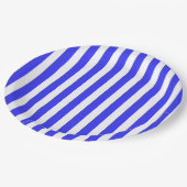 Blaue und weiße Streifen Pappteller (Schrägansicht)