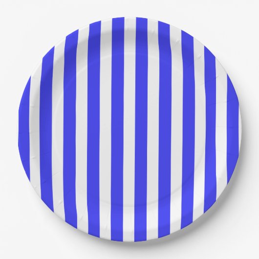 Blaue und weiße Streifen Pappteller (Vorderseite)
