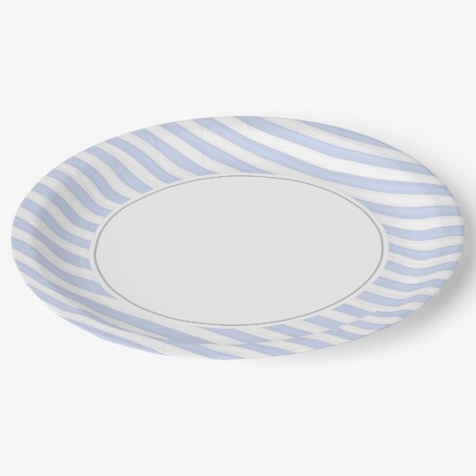 Blaue und weiße Streifen Pappteller (Schrägansicht)