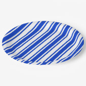 Blaue und weiße Streifen Pappteller (Schrägansicht)