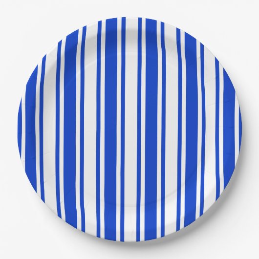 Blaue und weiße Streifen Pappteller (Vorderseite)
