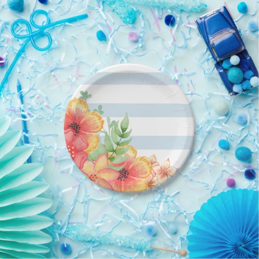 Blaue und weiße Streifen Rosa Blütenfarbe Pappteller (Party)