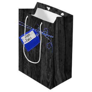 Blaue und weiße String Bow on Wood Mittlere Geschenktüte
