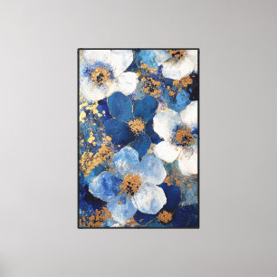 Blaue und weiße texturierte Blumen mit Gold Leinwanddruck