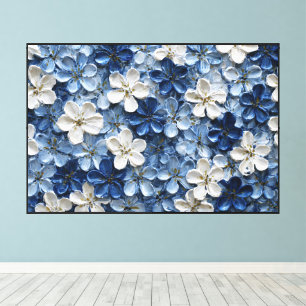 Blaue und weiße texturierte Blumenmalerei – Abstra Leinwanddruck