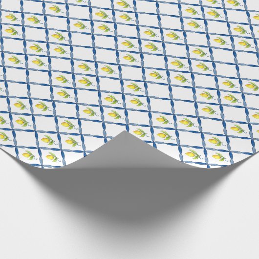 Blaue und weiße Tile mit Zitronen Geschenkpapier (Ecke)