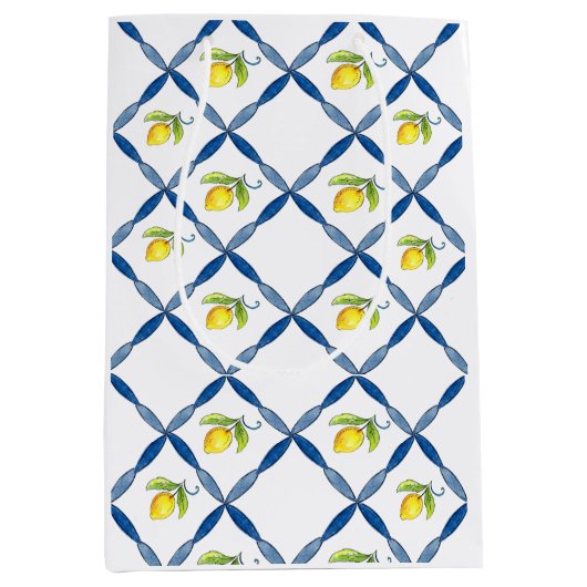 Blaue und weiße Tile mit Zitronen Mittlere Geschenktüte (Vorderseite)