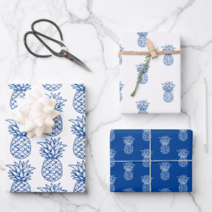 Blaue und weiße tropische Ananas Geschenkpapier Set