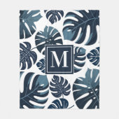 Blaue und weiße tropische Monstera Leaf Fleecedecke (Vorderseite)