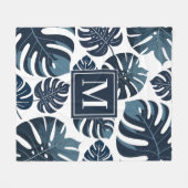 Blaue und weiße tropische Monstera Leaf Fleecedecke (Vorderseite (Horizontal))