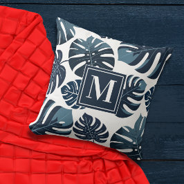 Blaue und weiße tropische Monstera Leaf Kissen