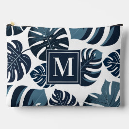 Blaue und weiße tropische Monstera Leaf Zubehörtasche