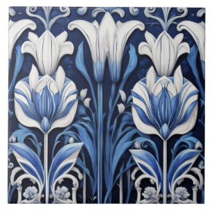 Blaue und weiße Tulips Art Deco Jugendstil Blume Fliese