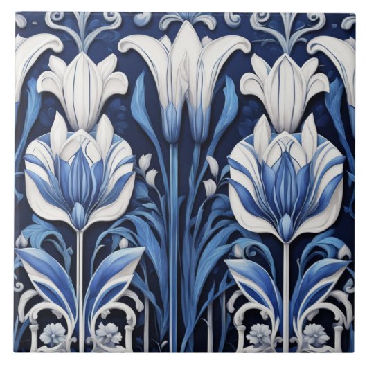 Blaue und weiße Tulips Art Deco Jugendstil Blume Fliese (Vorderseite)