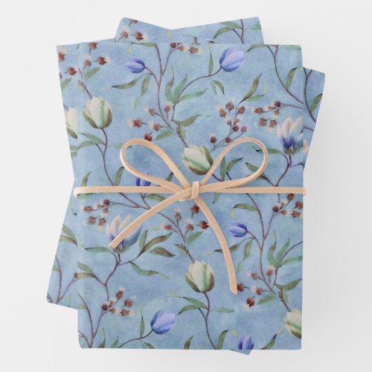 Blaue und weiße Tulips Muster Geschenkpapier Set (Beispiel)