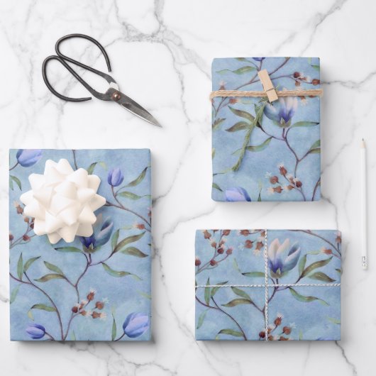Blaue und weiße Tulips Muster Geschenkpapier Set (Vorderseite)