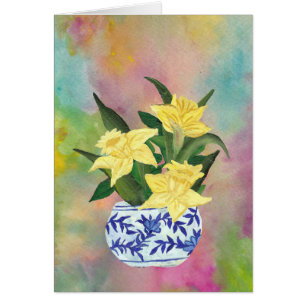 Blaue und weiße Vase mit Narzissen