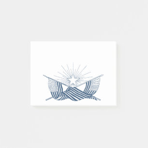 Blaue und weiße Vintage amerikanische Flaggen mit Post-it Klebezettel